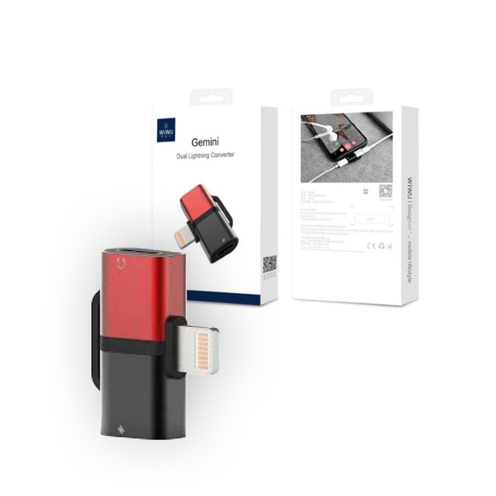 Adaptador mini dual carga y audio para iphone st02 rojo